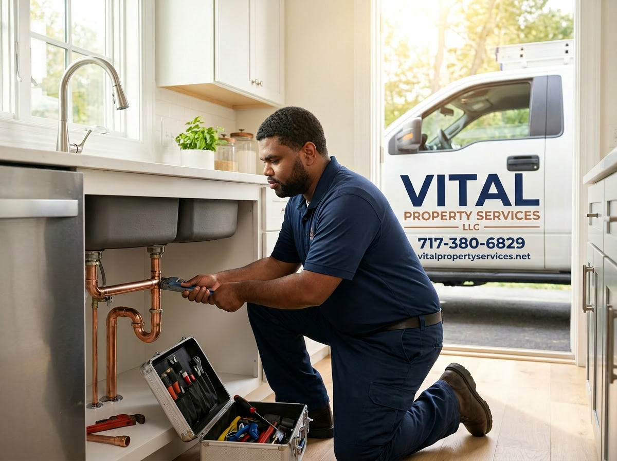 Plumber working on copper piping under a sink